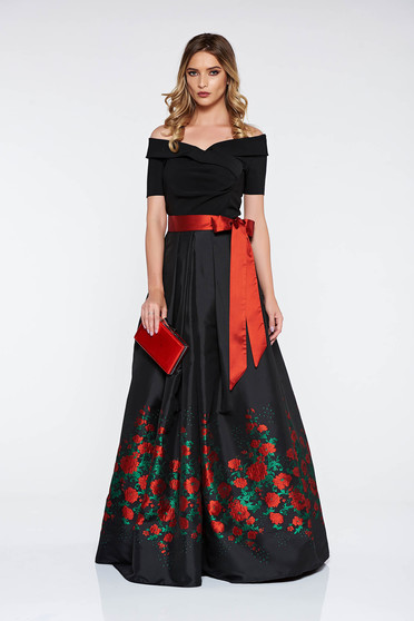 Rochie Artista neagra de ocazie in clos din material satinat captusita pe interior cu imprimeuri florale