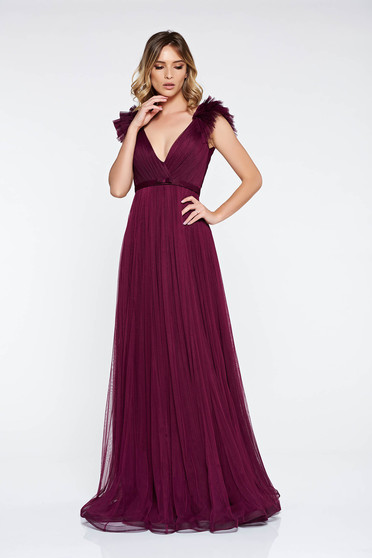 Rochie Ana Radu mov de lux cu decolteu adanc din tul captusita pe interior cu bust buretat