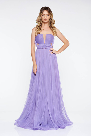 Rochie Ana Radu lila de lux cu decolteu adanc din tul captusita pe interior accesorizata cu cordon