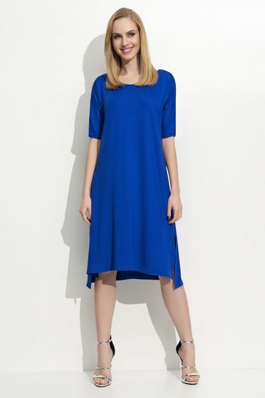Rochie Folly albastra casual cu maneca 3/4 midi asimetrica material subtire