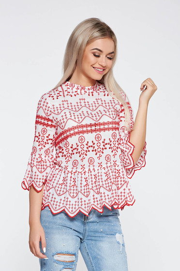 Bluza dama rosie casual brodata din bumbac neelastic cu croi larg