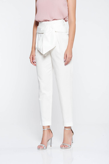 Pantaloni albi eleganti conici din bumbac cu talie inalta