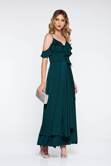 Rochie verde-inchis de ocazie din material satinat captusita pe interior cu volanase