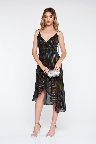 Rochie neagra eleganta asimetrica din material vaporos si transparent captusita pe interior