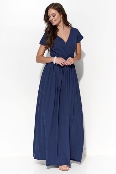 Rochie Folly albastra-inchis casual cu croi larg cu decolteu in v din bumbac cu elastic in talie