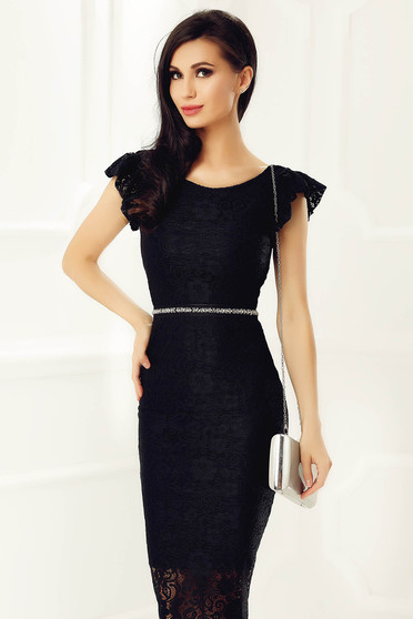 Rochie StarShinerS neagra eleganta tip creion din dantela captusita pe interior accesorizata cu cordon cu pietre stras