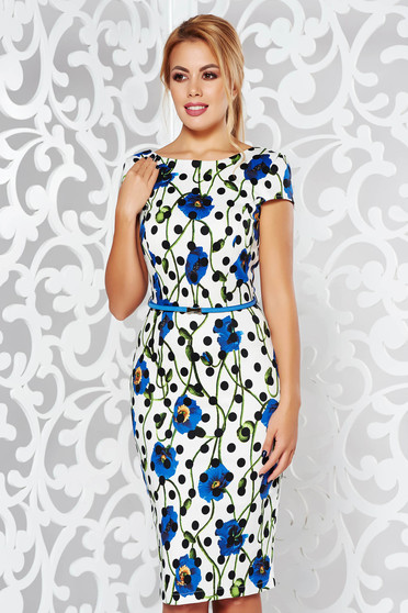 Rochie StarShinerS alba office midi tip creion din bumbac usor elastic cu accesoriu tip curea