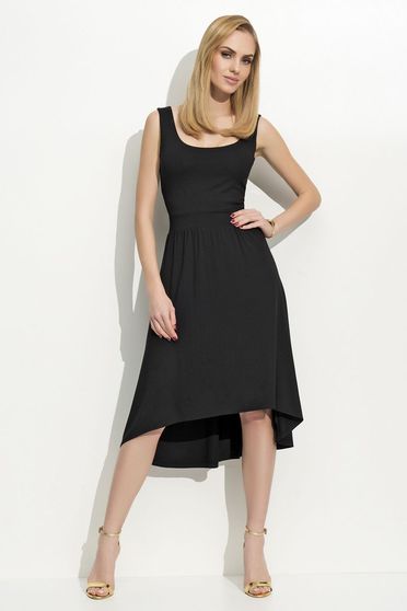 Rochie Folly neagra casual asimetrica fara maneci material subtire cu un croi evazat