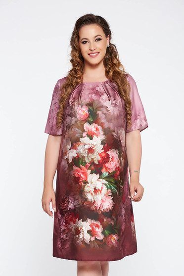 Rochie mov eleganta cu croi larg din material satinat cu imprimeuri florale