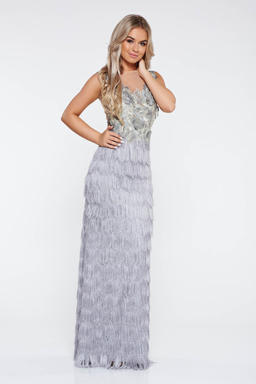 Rochie LaDonna gri de ocazie din material neelastic cu franjuri si dantela cu aplicatii cu margele