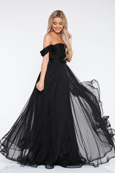 Rochie Ana Radu neagra de lux tip corset din tul captusita pe interior accesorizata cu cordon