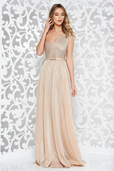 Rochie Ana Radu aurie de lux in clos din tesatura metalica cu luciu captusita pe interior accesorizata cu cordon