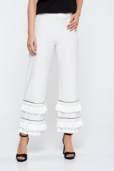 Pantaloni albi eleganti cu talie inalta din material neelastic cu ciucuri