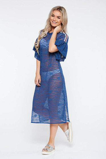 Rochie StarShinerS albastra casual cu croi larg din material usor elastic transparent cu volanase la maneca