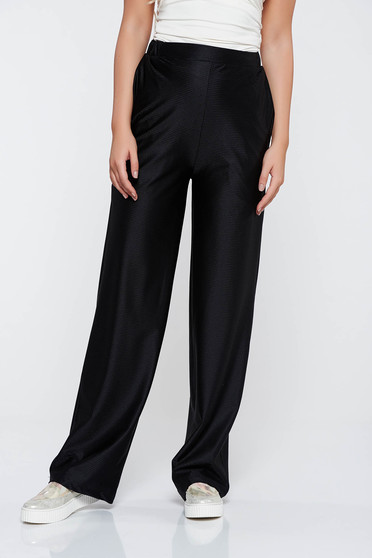 Pantaloni StarShinerS negri casual evazati cu talie inalta din material elastic cu buzunare