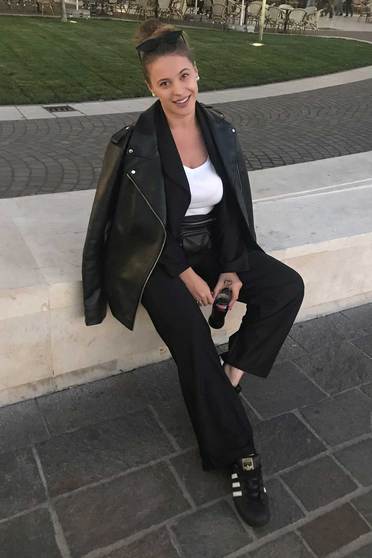 Pantaloni StarShinerS negri casual evazati cu talie inalta din material elastic cu buzunare