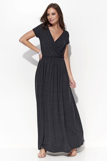Rochie Folly gri-inchis casual cu croi larg cu decolteu in v din bumbac cu elastic in talie