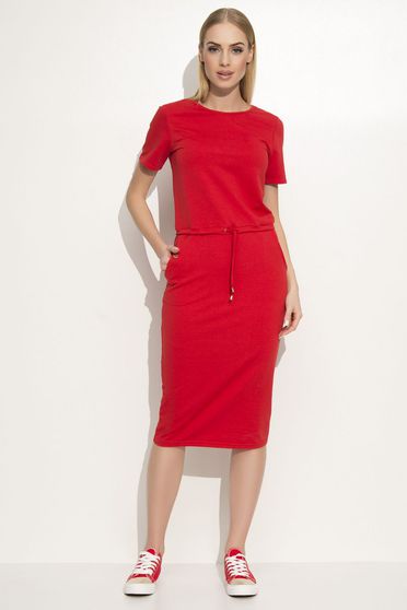 Rochie Makadamia rosie casual cu un croi drept din material usor elastic cu buzunare in fata