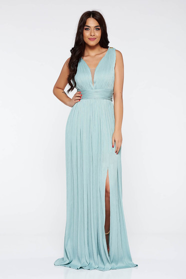 Rochie LaDonna mint de ocazie cu decolteu adanc din tesatura metalica lucioasa captusita pe interior