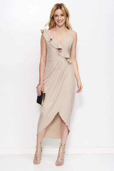 Rochie Makadamia neagra eleganta asimetrica cu decolteu in v si volanase