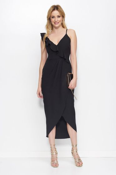 Rochie Makadamia neagra eleganta asimetrica cu decolteu in v si volanase