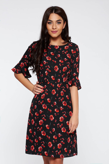 Rochie neagra eleganta din material vaporos neelastic captusita pe interior cu imprimeuri florale