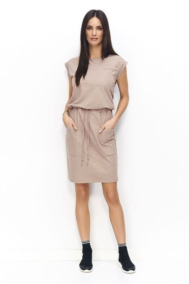 Rochie Numinou crem casual din material subtire usor elastic accesorizata cu cordon