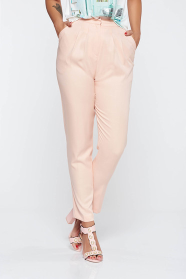 Pantaloni piersica conici din material neelastic cu talie inalta si cu buzunare