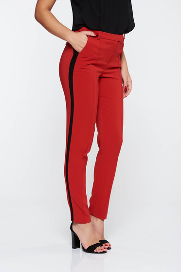 Pantaloni StarShinerS rosii office conici cu talie medie din stofa subtire usor elastica cu buzunare