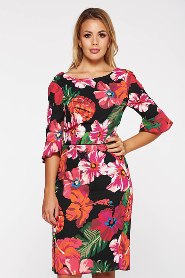 Rochie neagra eleganta in clos din material vaporos captusita pe interior cu imprimeuri florale