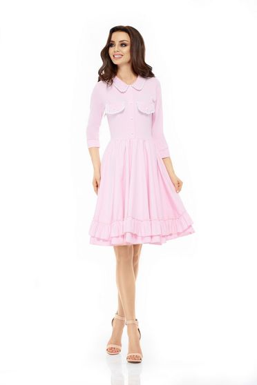 Rochie Lemoniade rosa de zi cu un croi evazat din bumbac cu buzunare in fata