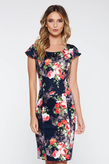 Rochie albastra-inchis eleganta tip creion bumbac usor elastic cu imprimeuri florale