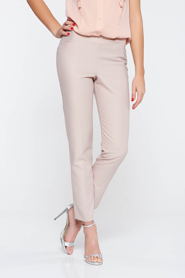 Pantaloni rosa eleganti lunga conici din material usor elastic cu talie medie cu buzunare