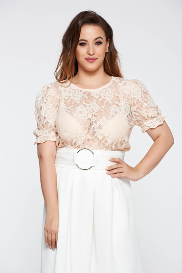 Bluza dama piersica eleganta cu croi larg din dantela cu maneca scurta