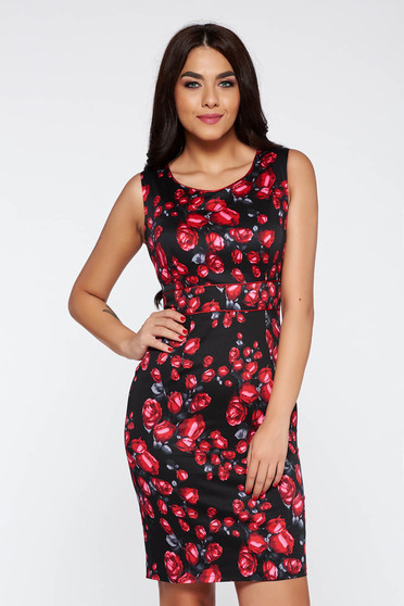 Rochie neagra office midi tip creion din material elastic cu imprimeuri florale