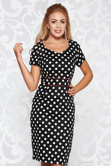 Rochie neagra office midi tip creion din material usor elastic cu buline
