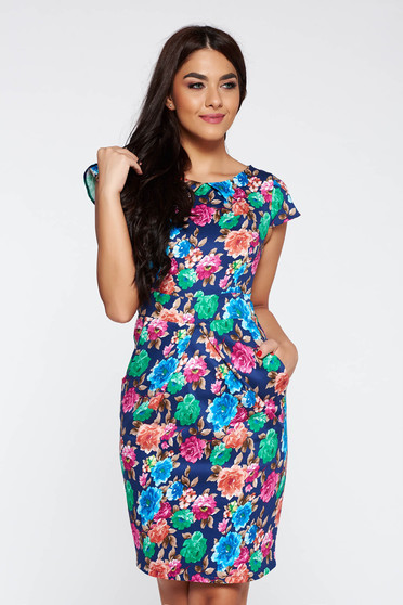 Rochie albastra de zi tip creion bumbac usor elastic cu imprimeuri florale