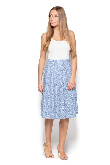 Fusta Katrus albastra-deschis eleganta cu print midi evazata material subtire