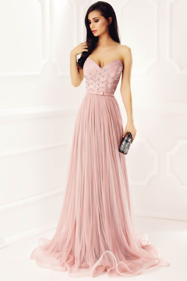 Rochie Ana Radu roz deschis de lux tip corset din tul captusita pe interior cu pietre strass de ocazie
