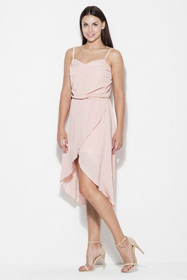 Rochie Katrus roz eleganta asimetrica midi cu bretele