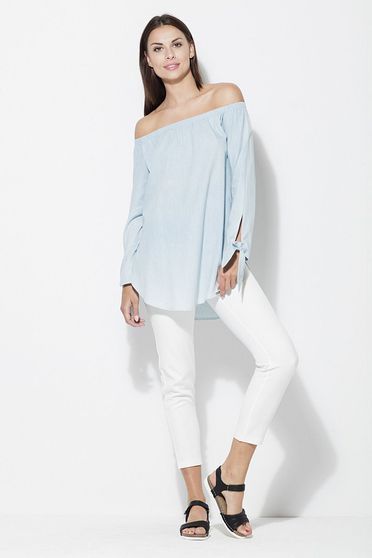 Bluza dama Katrus albastra-deschis casual cu croi larg cu umeri goi cu maneca lunga material subtire