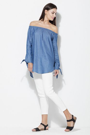 Bluza dama Katrus albastra casual cu croi larg cu umeri goi cu maneca lunga material subtire