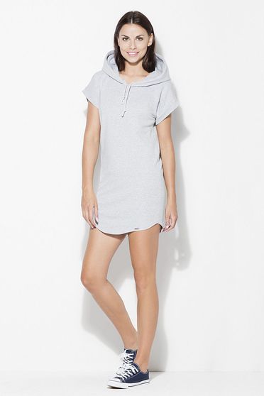 Rochie Katrus gri sport scurta cu maneca scurta din bumbac cu gluga nedetasabila