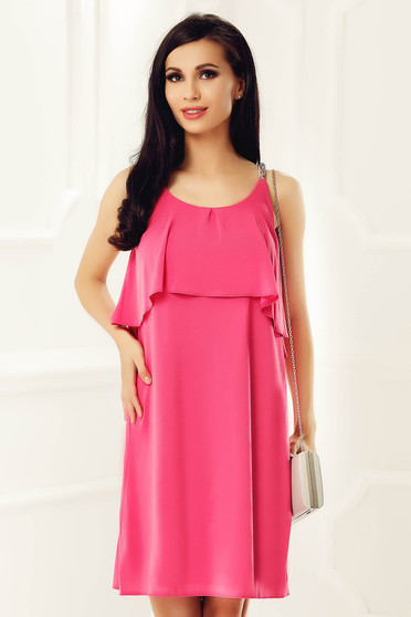 Rochie StarShinerS fuchsia eleganta cu croi larg din voal captusita pe interior cu aplicatii cu margele