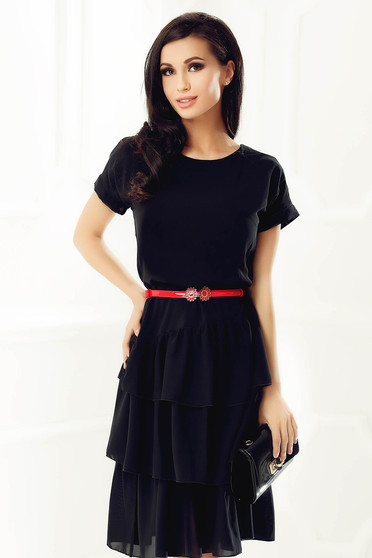 Rochie StarShinerS neagra eleganta cu croi larg din voal captusita pe interior cu volanase
