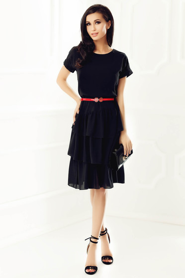 Rochie StarShinerS neagra eleganta cu croi larg din voal captusita pe interior cu volanase