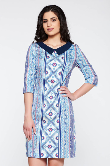 Rochie albastra eleganta cu guler cu maneca 3/4 cu croi larg din bumbac cu print captusita pe interior
