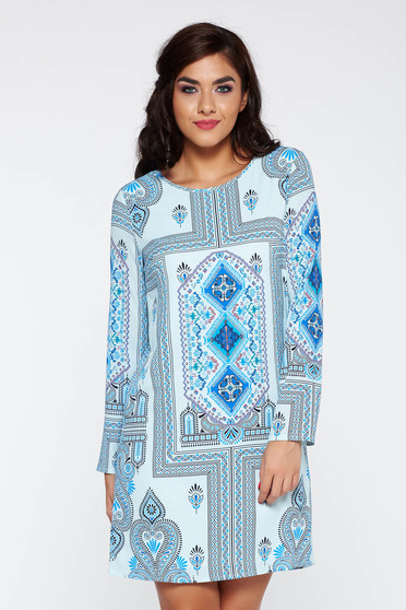 Rochie albastra casual cu maneca 3/4 cu croi larg captusita pe interior cu print