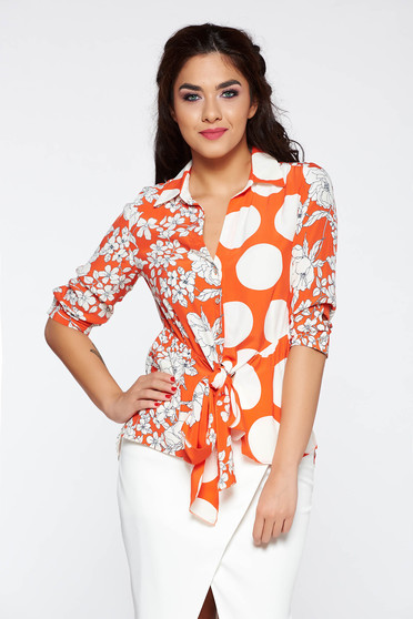 Camasa dama portocalie eleganta cu maneca 3/4 cu imprimeu floral din material vaporos