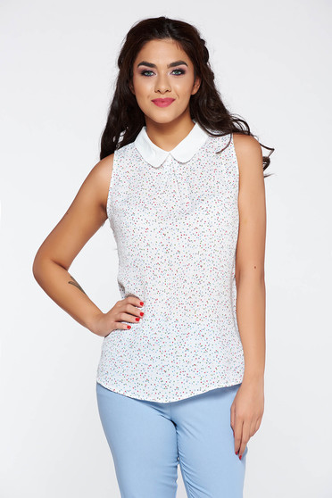 Bluza dama alba eleganta cu guler fara maneci din material vaporos
